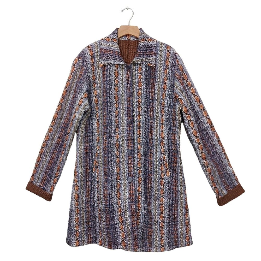 Ubu Crinkled Coat Womens Large Silver Brown Button  Up Snake Print Reversible